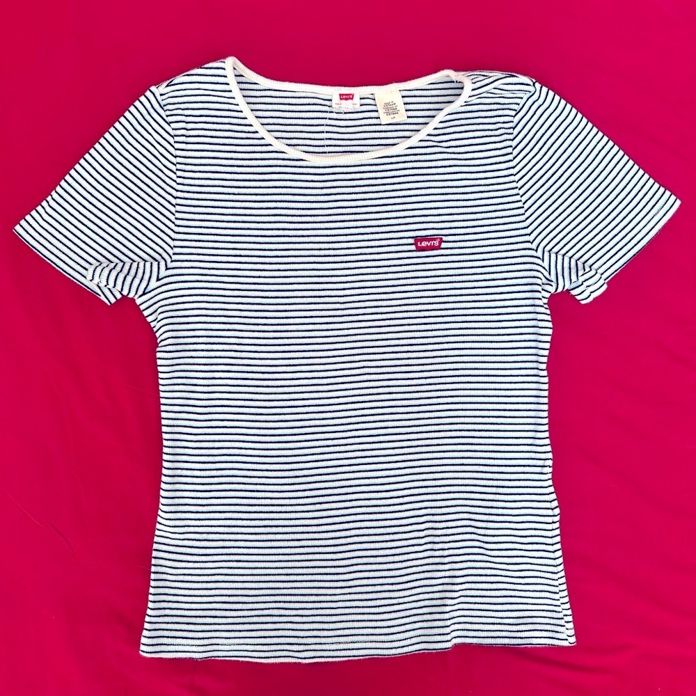 Levi's Black and White Striped Tee with Red Logo
